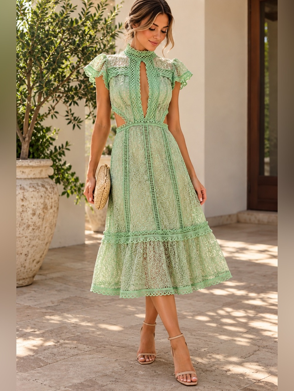 Baioneta & Cia Mint Green Lace Cutout Midi Dress Size M NWOT